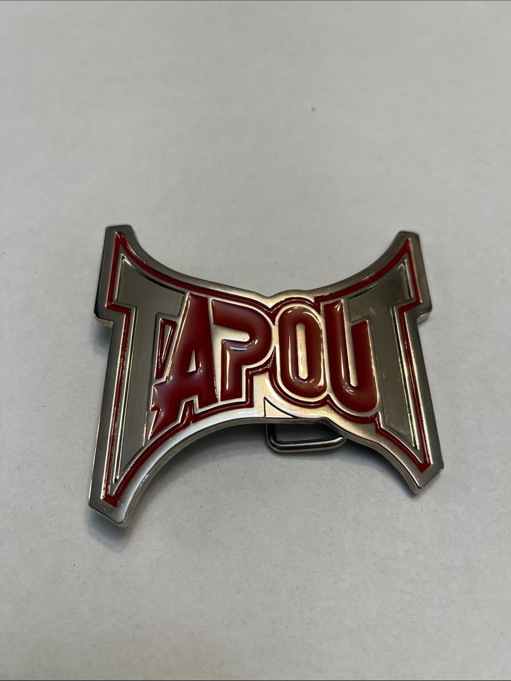 Y2K TAPOUT LOGO SILVER TONE & RED MMA MIXED MARTIAL ARTS PROMO BELT BUCKLE